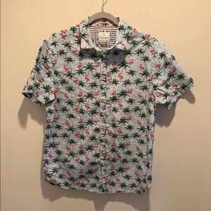 Denim & Flower Blue and Green Casual Button Down Flamingo&Palm Tree Shirt​​​